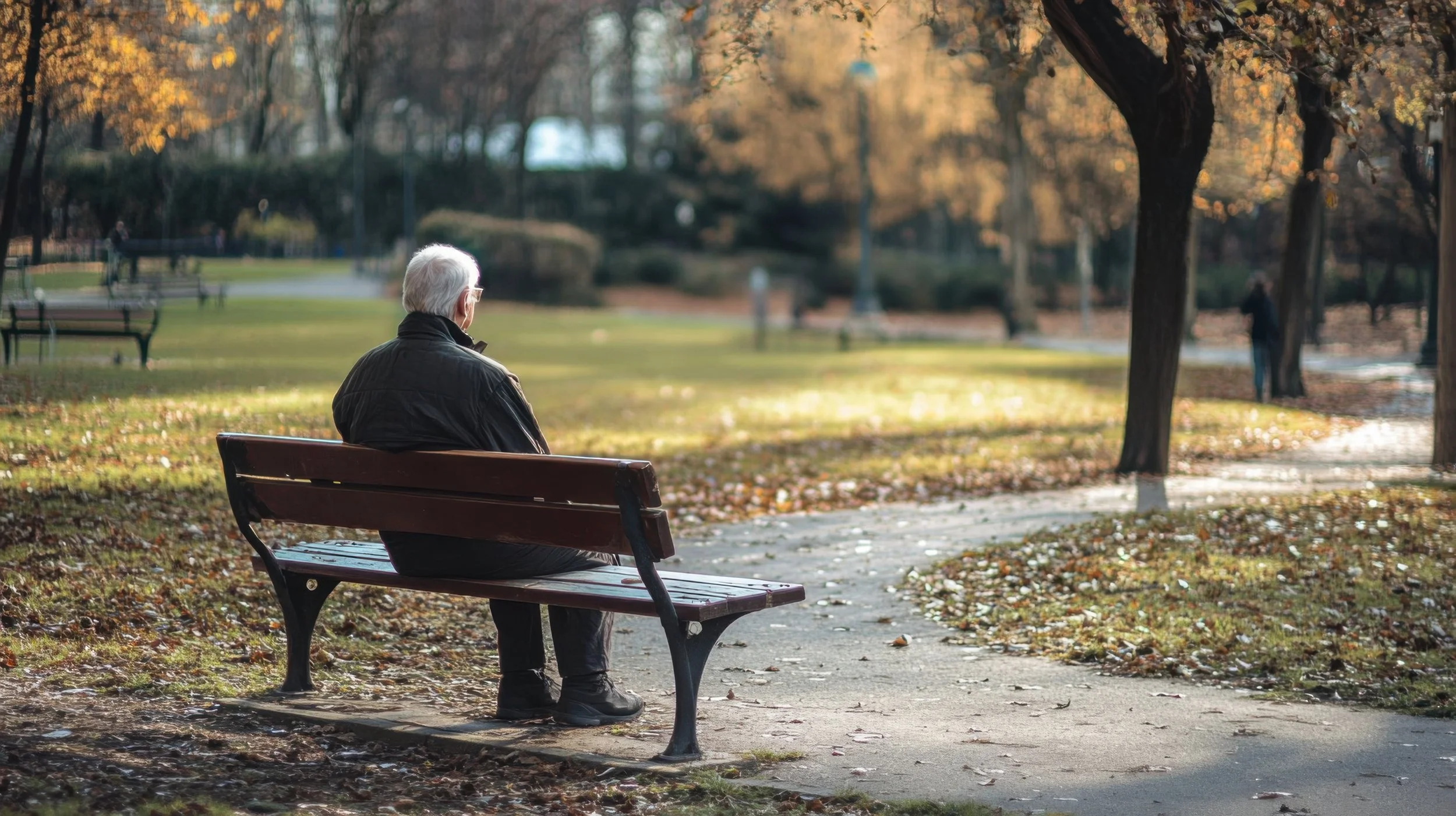 Photograph of an older man with grey hair and glasses, sitting on a bench in a park, facing away from the camera and looking into the distance. There are trees in the distance and autumn leaves on the grass.