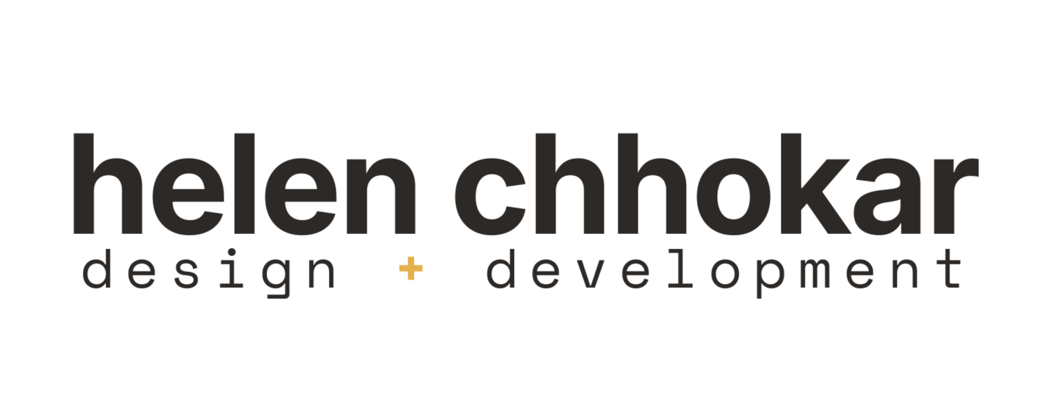 Logo of Helen Chhokar Design + Development with her name in large text and a plus sign in yellow.