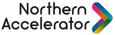 Northern Accelerator logo, with an arrow pointing to the right. The arrow is rainbow coloured and the text is black.
