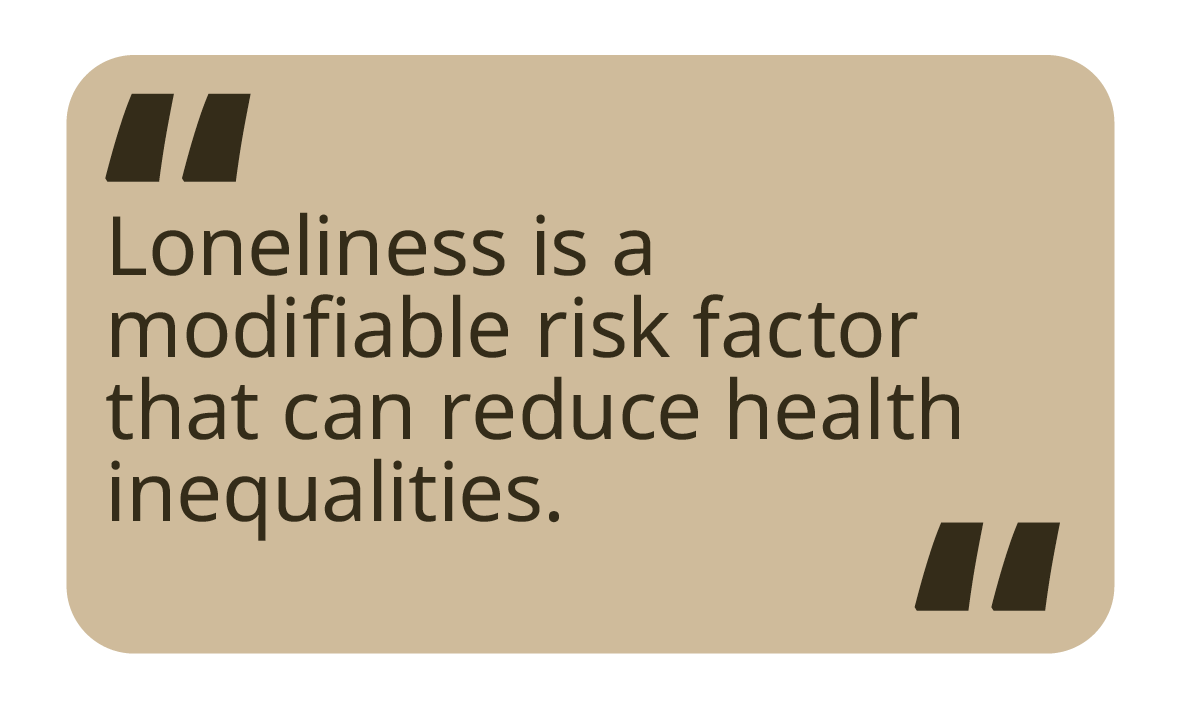 Image of a quote saying 'Loneliness is a modifiable risk factor that can reduce health inequalities'. The text is dark brown on a beige background.