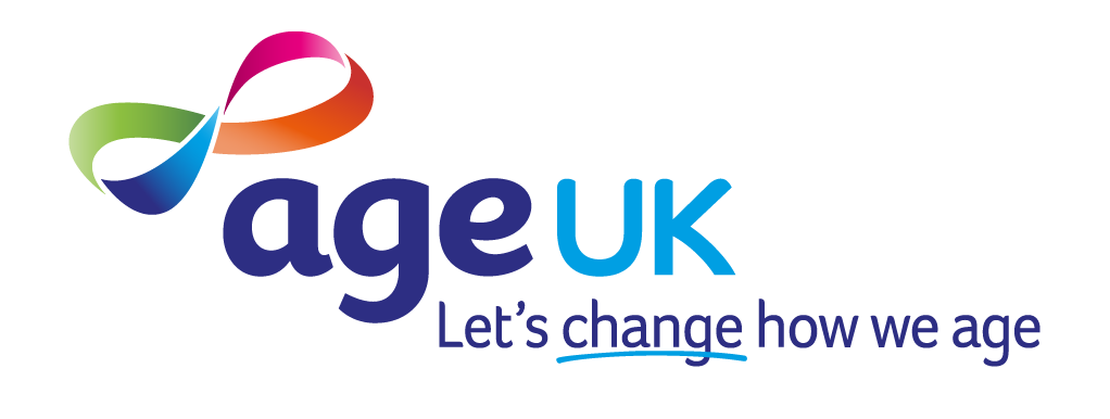 An image of the Age UK logo in blue, with the words 'Let's change how we age'.