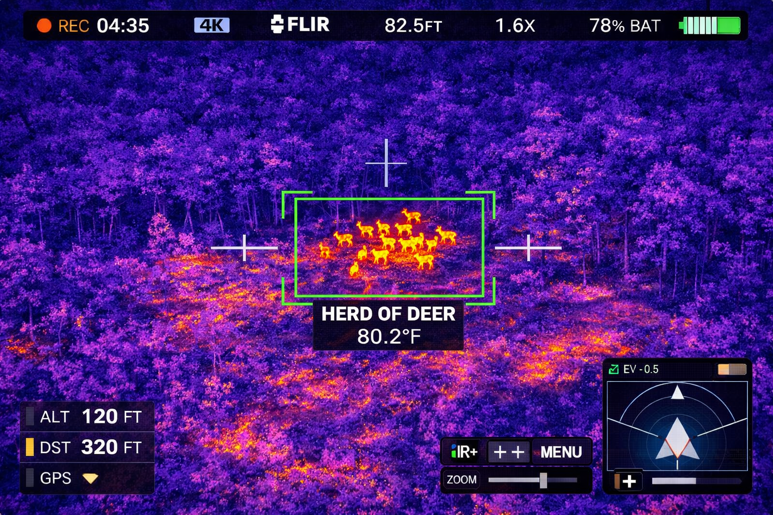 Thermal image of a forest captured with a FLIR camera, highlighting a herd of deer in orange at the center, with surrounding trees in purple and pink hues. Various camera settings and data overlays are visible, including altitude of 120 feet, distance of 320 feet, and a temperature reading of 80.2 degrees Fahrenheit for the herd.