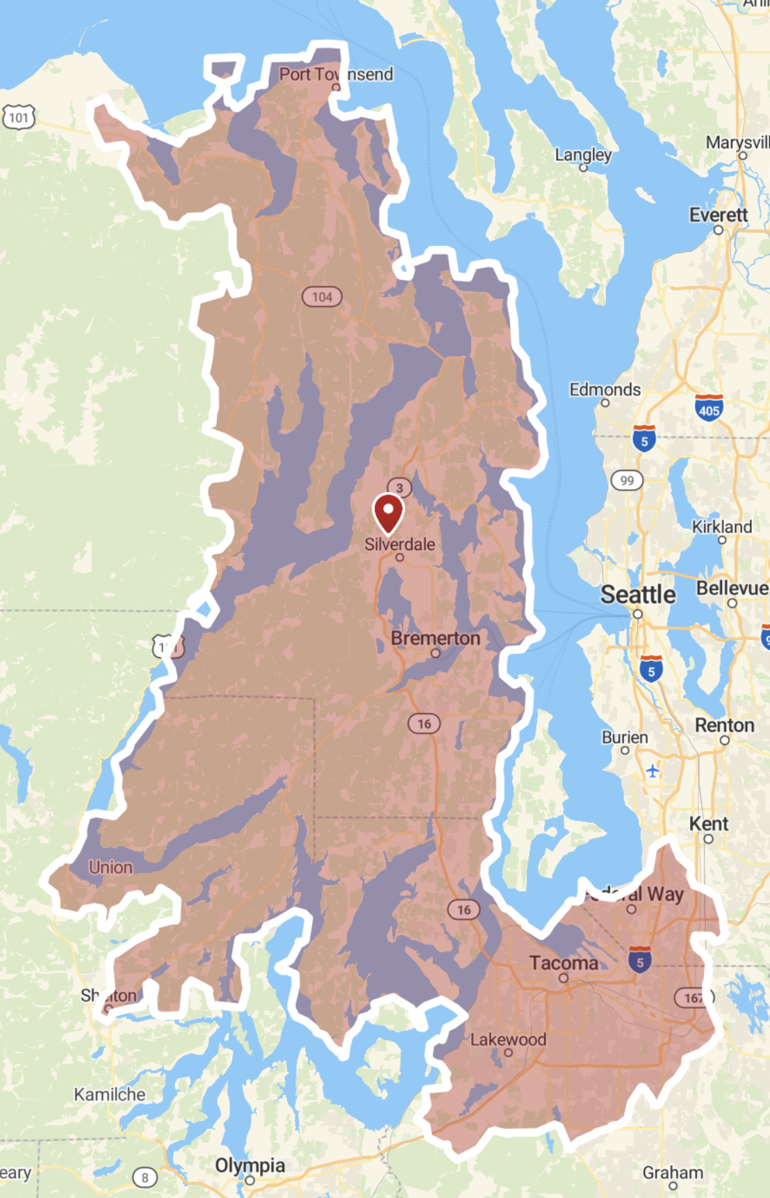 Map showing the region around Seattle, Washington, including areas such as Bremerton, Silverdale, Tacoma, and Union, with lakes and water bodies highlighted in blue and state boundaries outlined.