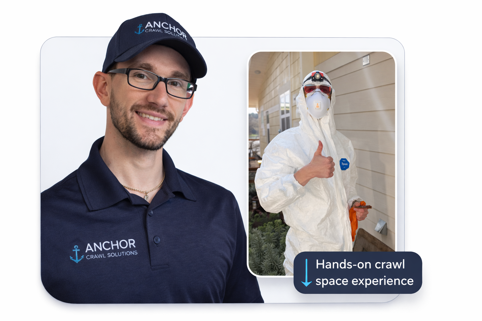A man wearing a navy blue polo shirt and cap with the logo 'Anchor Crawl Solutions', smiling at the camera, with a smaller inset image of a person in white protective gear giving a thumbs-up.