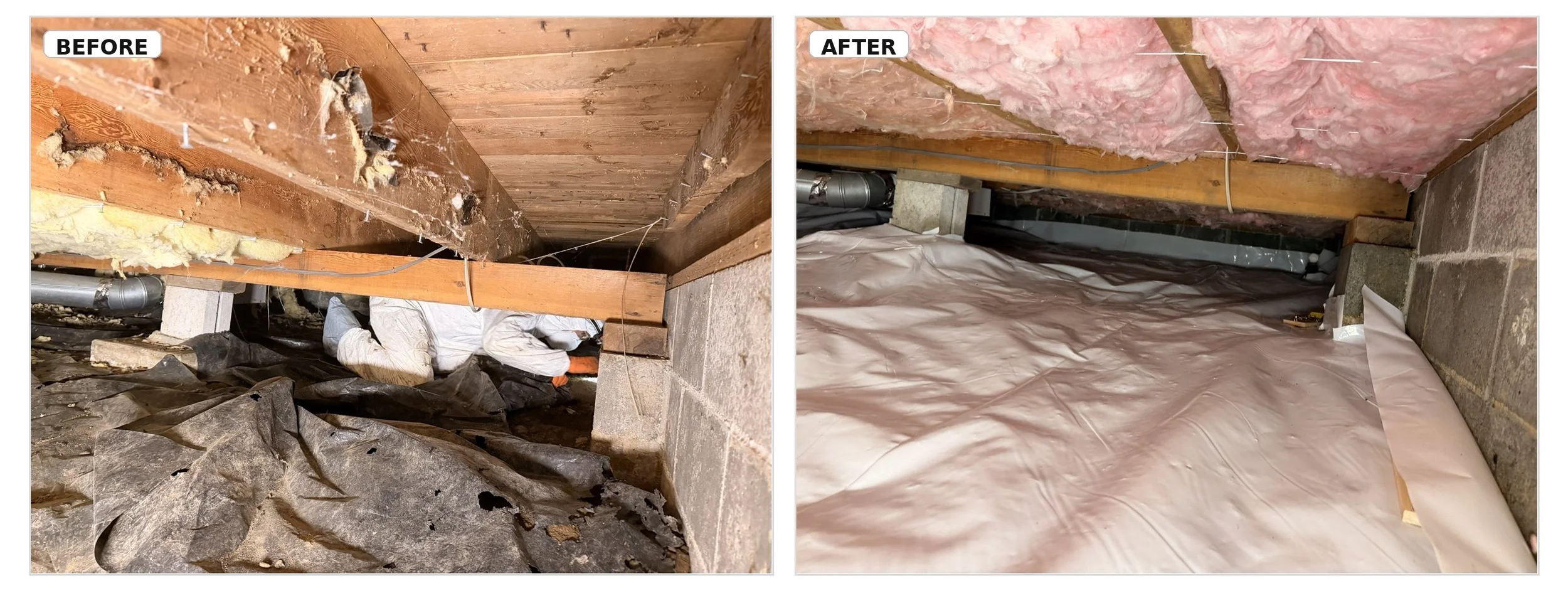 Comparison of a basement ceiling before and after insulation work. The before image shows exposed wood beams, insulation, dust, and debris. The after image shows a sealed ceiling with pink spray foam insulation, foam barriers, and a plastic vapor barrier in place.