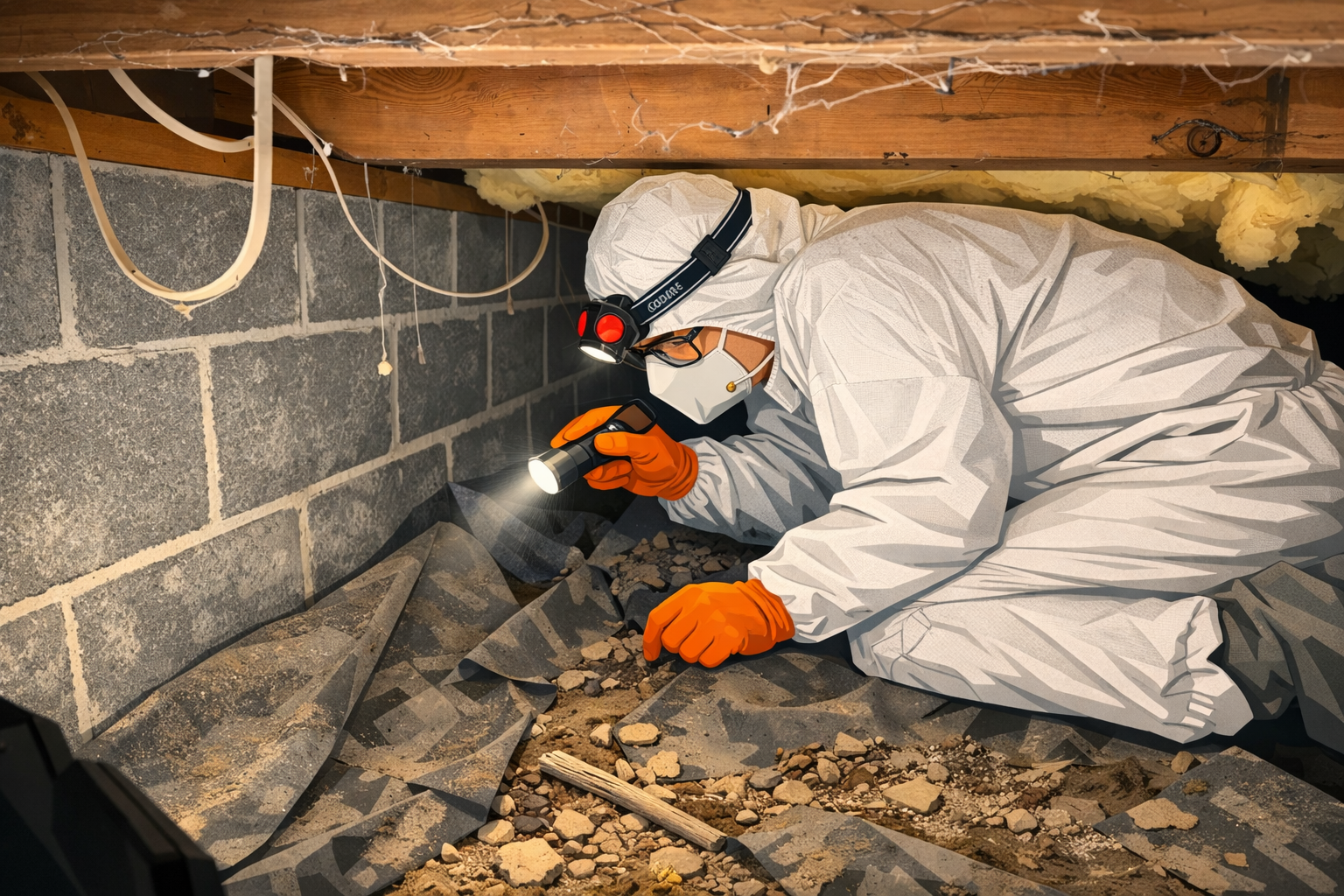 A person in a white protective suit, orange gloves, and a face mask is examining dirt and debris beneath a house using a flashlight and a magnifying glass. They are wearing headlamps and are in a crawl space among concrete blocks, wooden beams, and insulation with cobwebs.