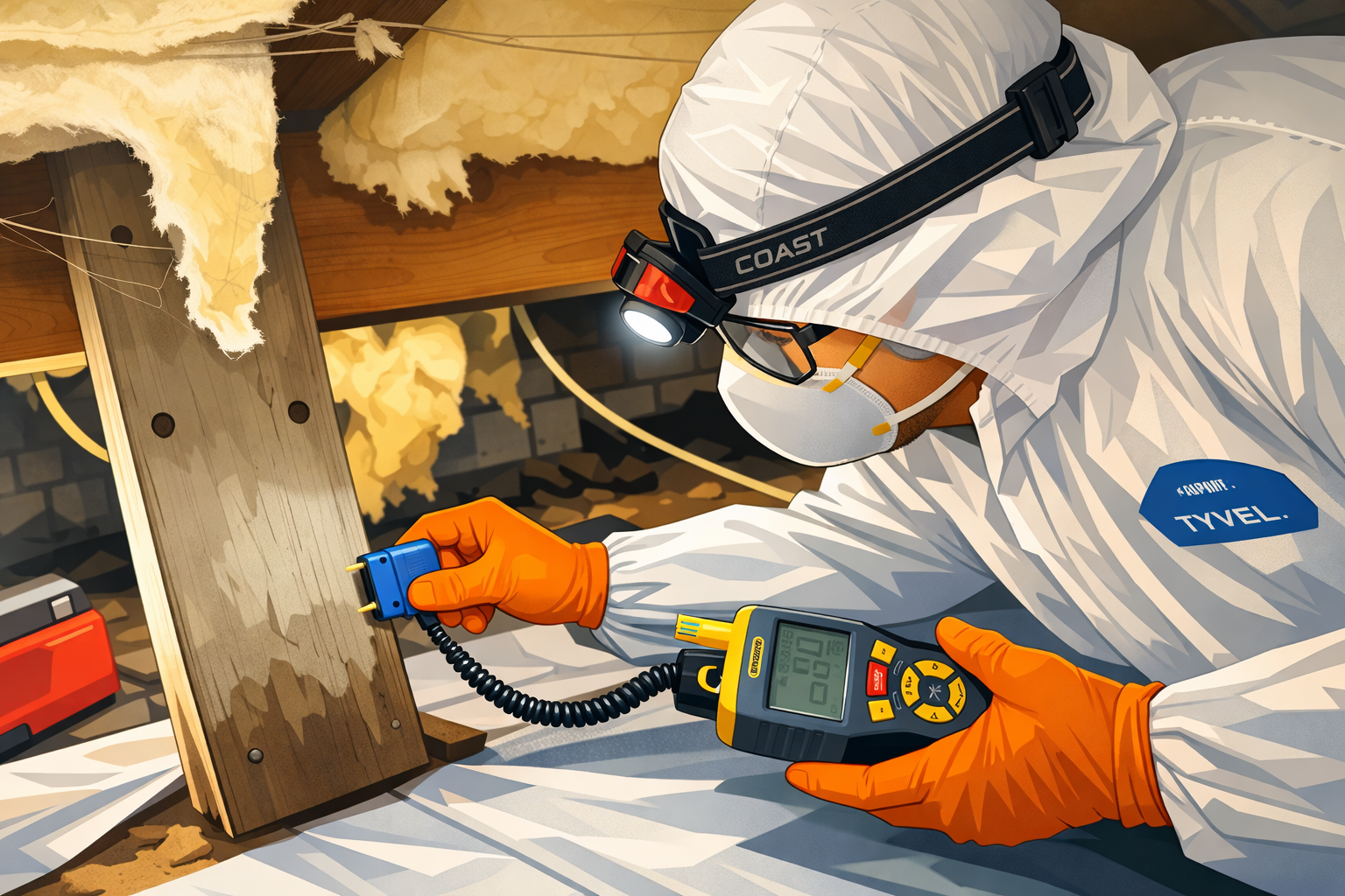 A worker in protective gear testing wood with a digital multimeter in a construction or renovation setting.