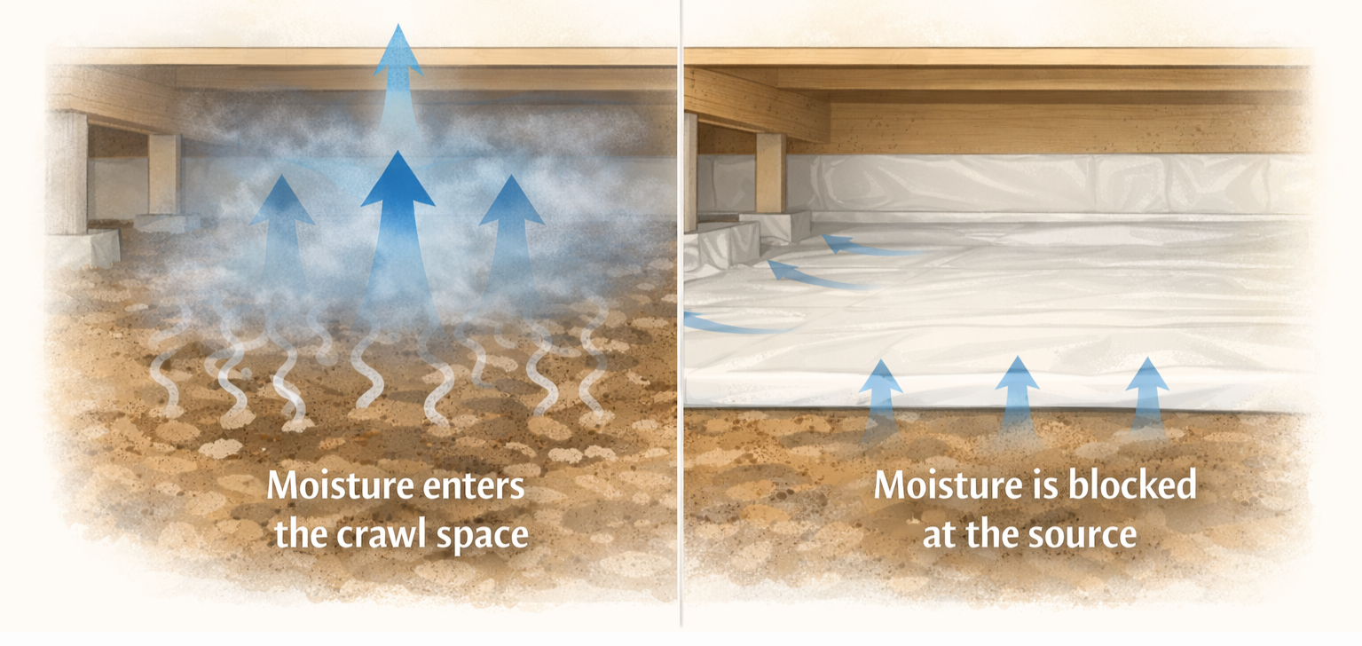 Left side of the image shows moisture entering crawl space with arrows pointing upward, right side shows moisture blocked with vapor barrier on the ground.