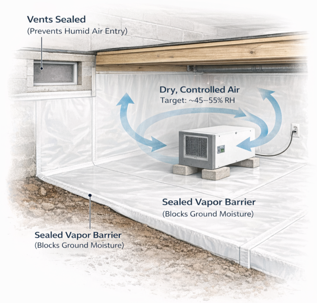 Diagram of a vapor barrier system featuring sealed vapor barriers blocking ground moisture, a dehumidifier releasing dry, controlled air with arrows indicating airflow, a vent sealed to prevent humid air entry, and an extension cord connected to an electrical outlet.