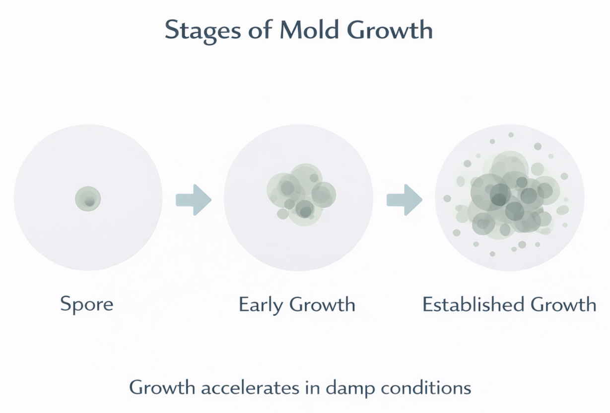Diagram showing stages of mold growth, from spore to early growth to established growth. Text indicates growth accelerates in damp conditions.