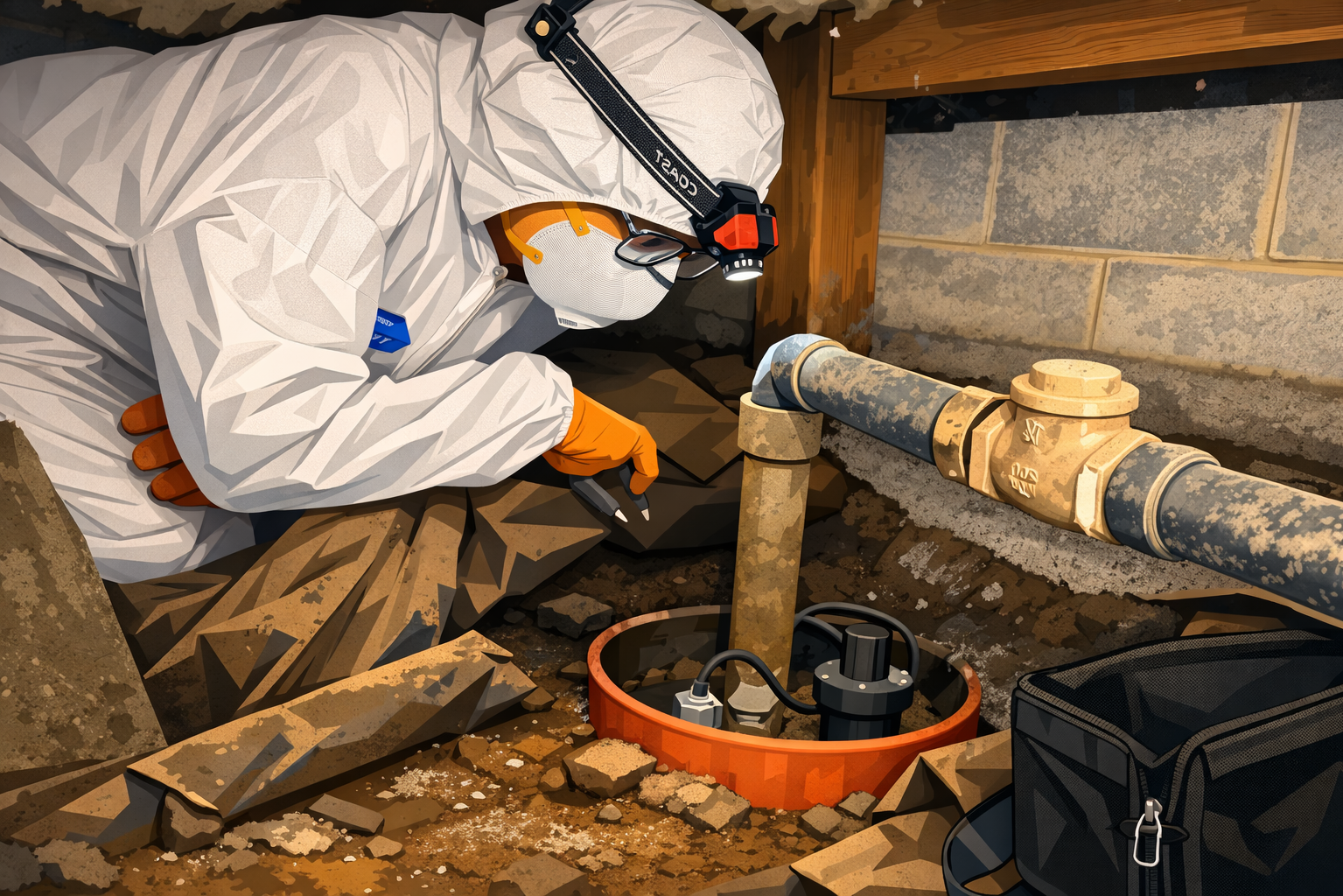 A worker wearing an orange glove, white protective suit, helmet with headlamp, and glasses is repairing a pipe beneath a wooden and brick wall. The person is using a tool near a large underground pipe, with a black toolbox nearby.