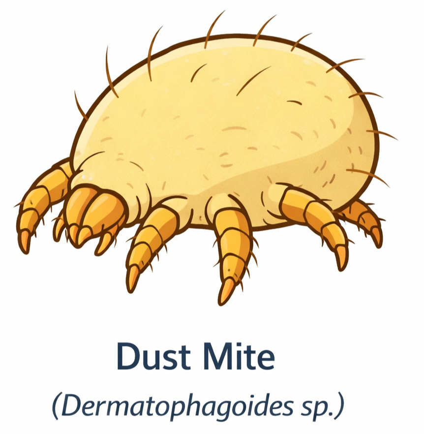 Illustration of a dust mite with multiple legs, labeled "Dust Mite" and scientific name "Dermatophagoides sp.".