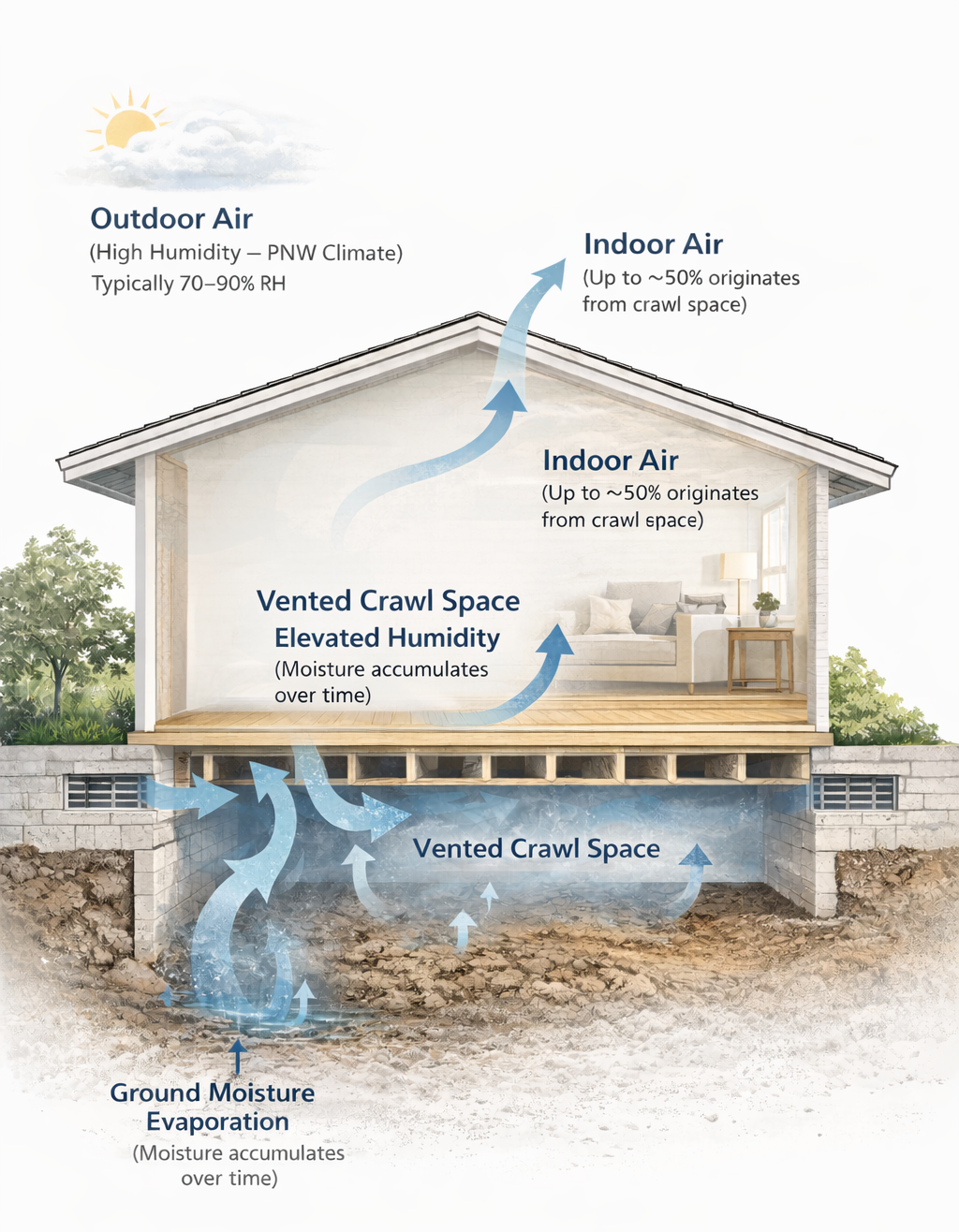 Diagram showing natural ventilation and moisture management in a house, illustrating ground moisture evaporation, vented crawl space, and airflow between outdoor and indoor air with descriptions of humidity levels.