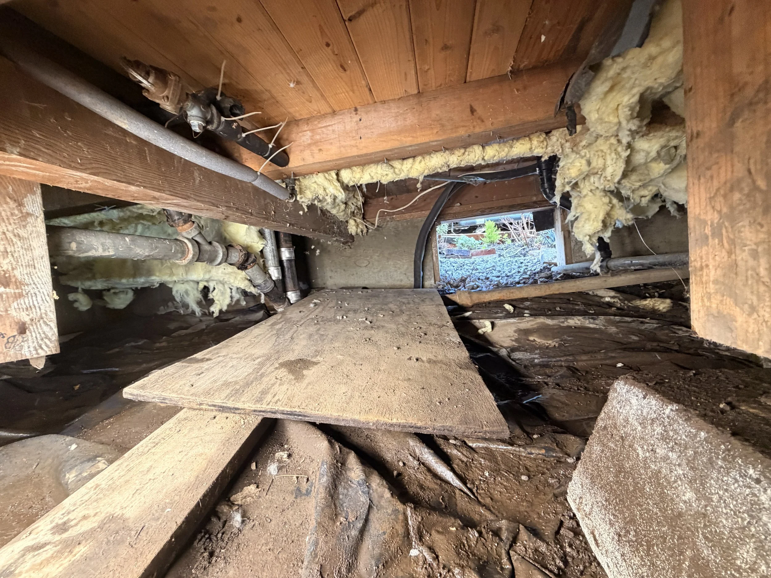 Crawl space full of debris and missing insulation