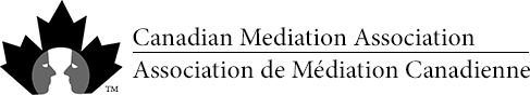 Logo of the Canadian Mediation Association with a black and gray emblem of two faces and a maple leaf