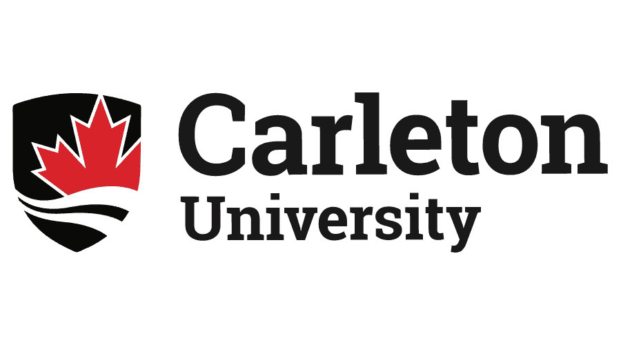 Carleton University logo featuring a black and red shield with a stylized maple leaf and wavy lines, next to the text 'Carleton University'