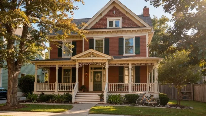 A large Victorian-style house with a front porch, green shutters, and a bicycle on the lawn.