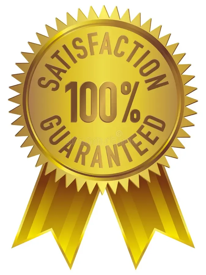 A gold medal with a ribbon, inscribed with "Satisfaction 100% Guaranteed" in brown letters.