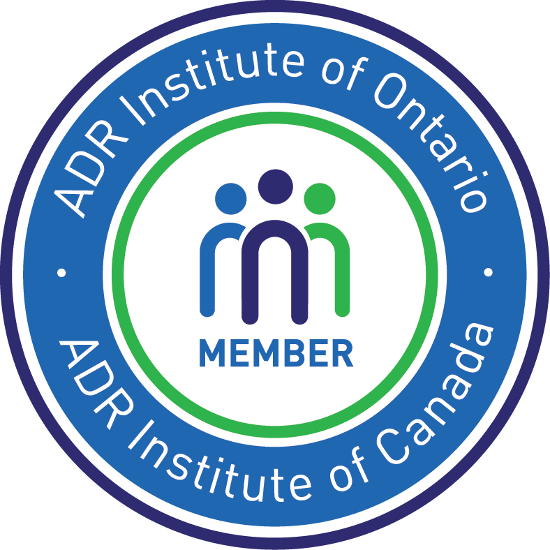 A circular badge with a blue outer ring and a white inner circle. The blue ring contains the text 'ADRs Institute of Ontario' at the top and 'ADR Institute of Canada' at the bottom. The inner circle shows a stylized logo of three figures in blue and green above the word 'MEMBER'.