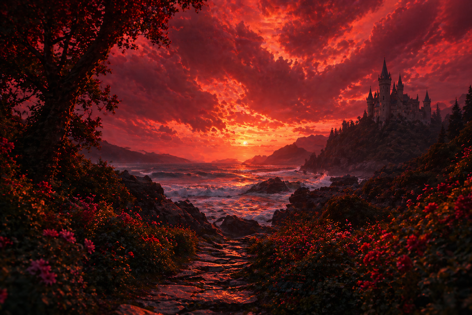 Burg auf einem Hügel bei Sonnenuntergang, umgeben von Bäumen und Blumen, mit einem Fluss im Vordergrund und einem dramatischen, rot-orangefarbenen Himmel.