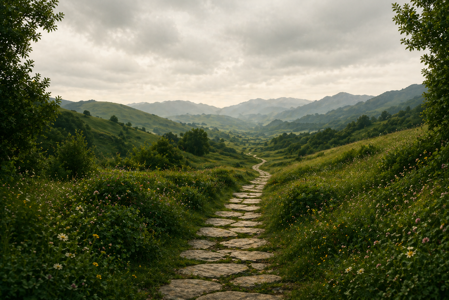 Eine Steinstraße führt durch eine grüne, blumengesäumte Landschaft mit Hügeln und Bergen im Hintergrund bei bewölktem Himmel.