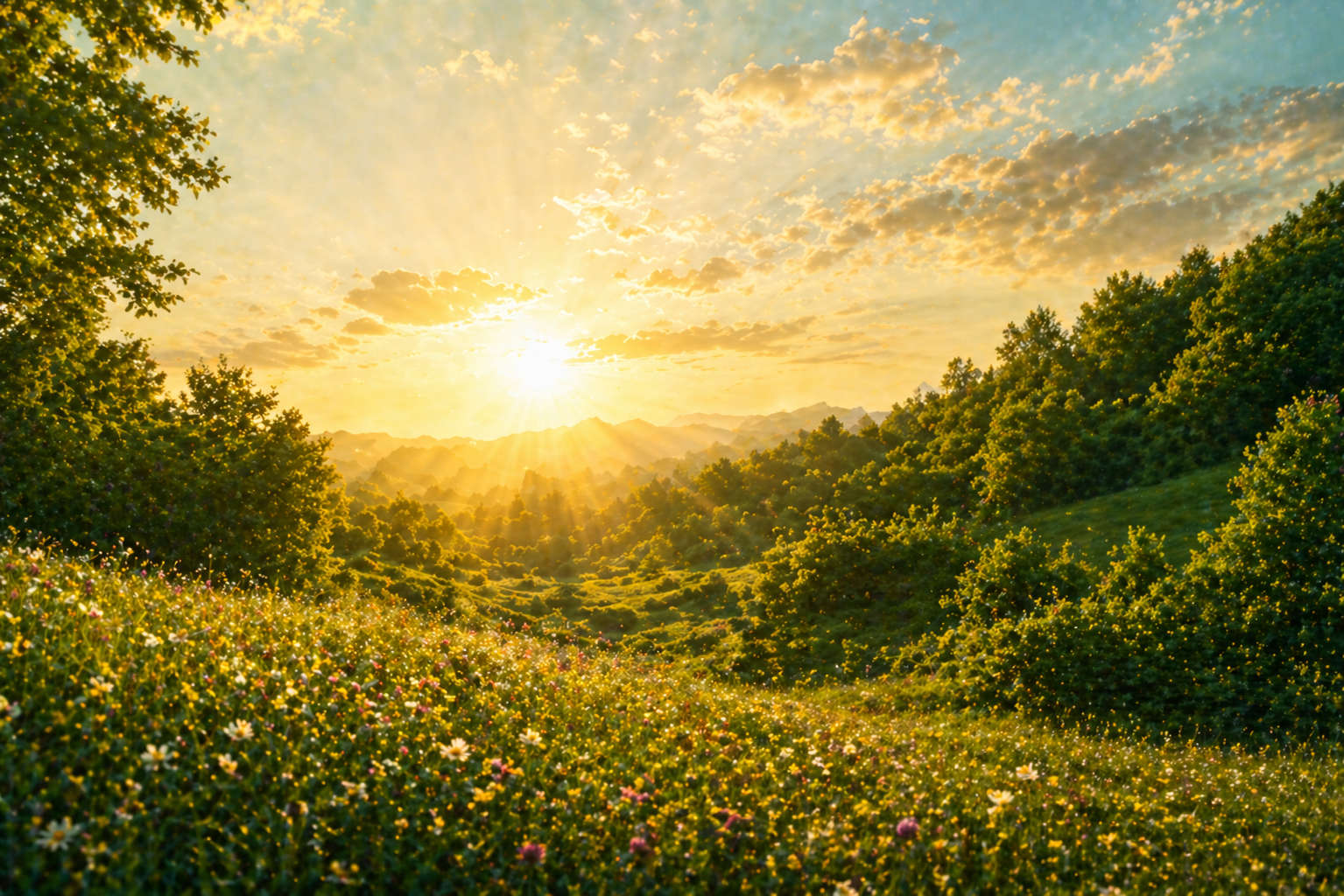 Sonnenuntergang über einer Blumenwiese und bewaldeten Hügeln.