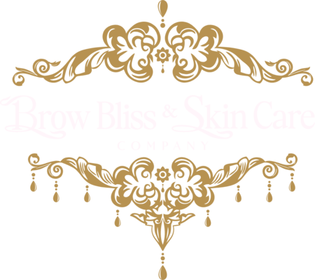 Logo for Brow Bliss & Skin Care Company with gold decorative design and white text