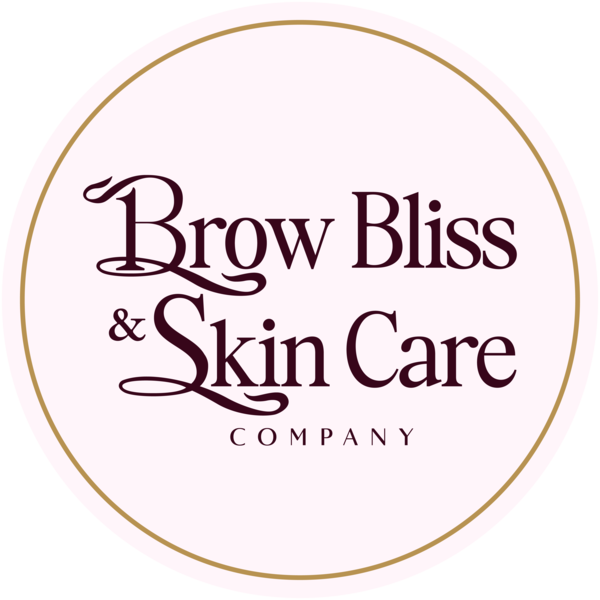 Logo for Brow Bliss & Skin Care Company featuring elegant purple text inside a gold-bordered circular design.