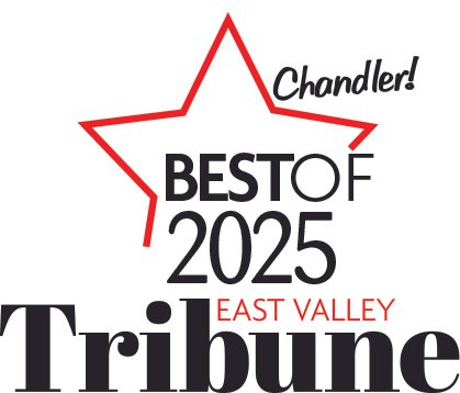 Graphic design for the 2025 Best of East Valley Tribune in Chandler, featuring a red star and bold black and red text.