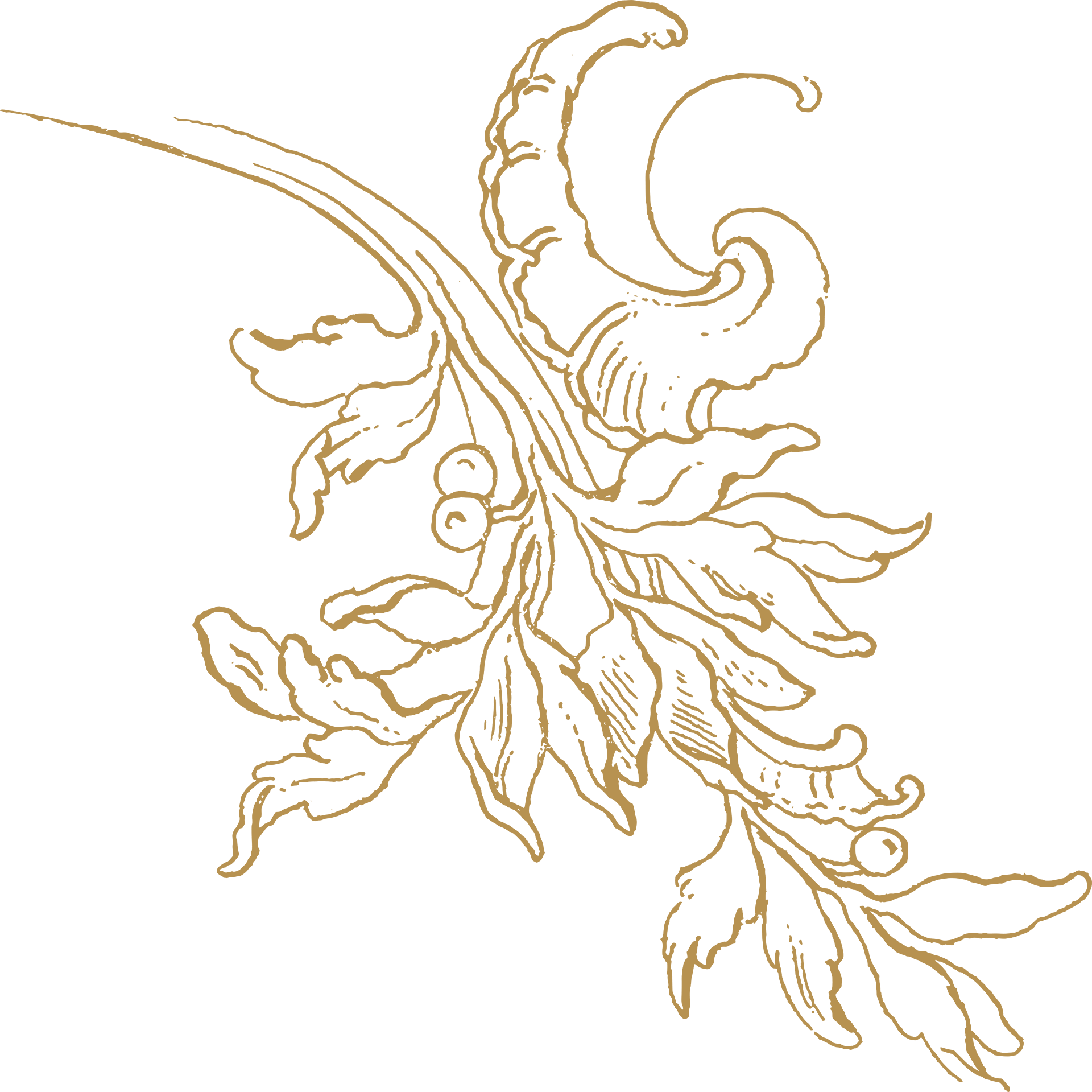 Gold line drawing of a hippopotamus with a smaller animal on its back, set against a black background.