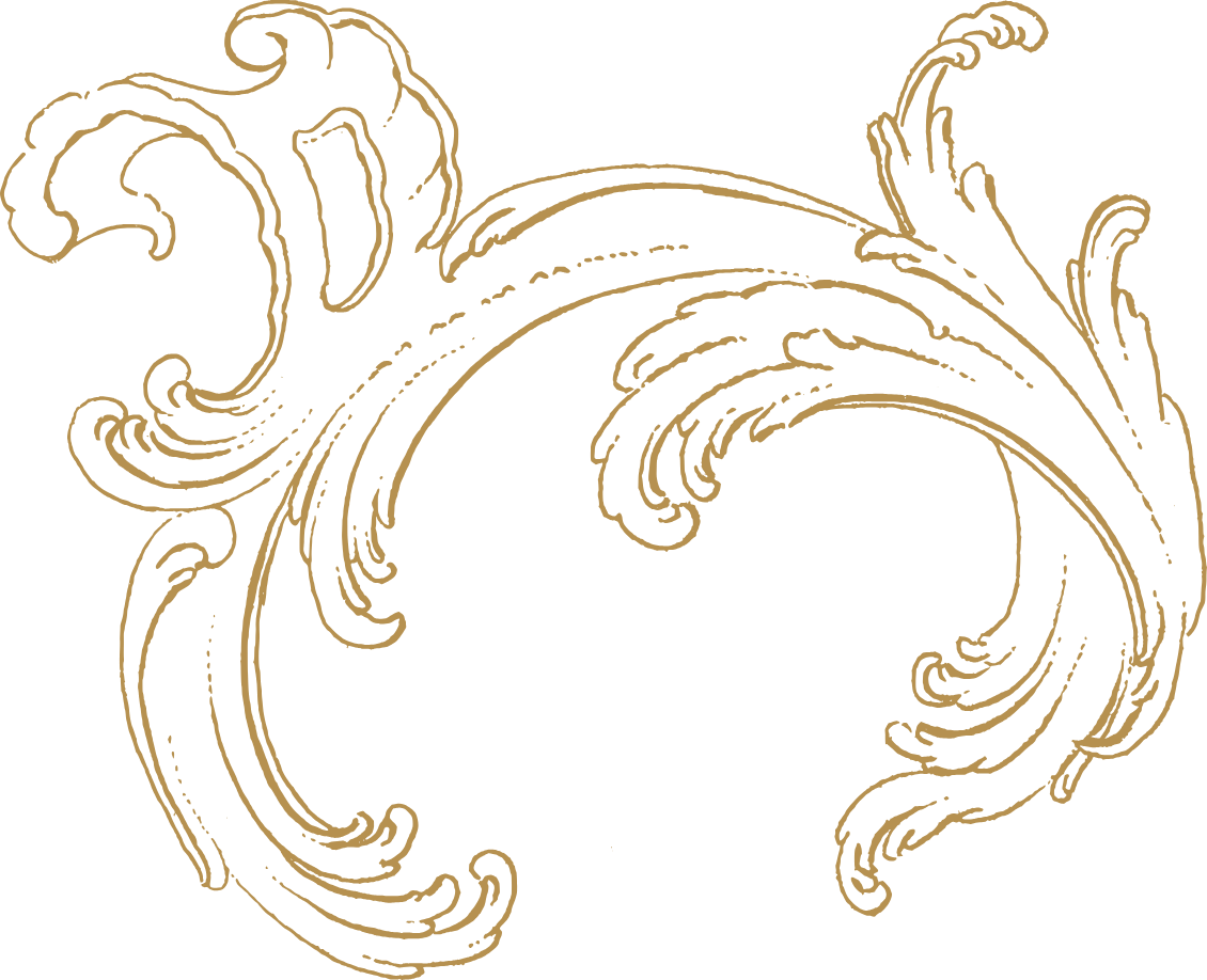 Gold decorative swirling design on a black background.