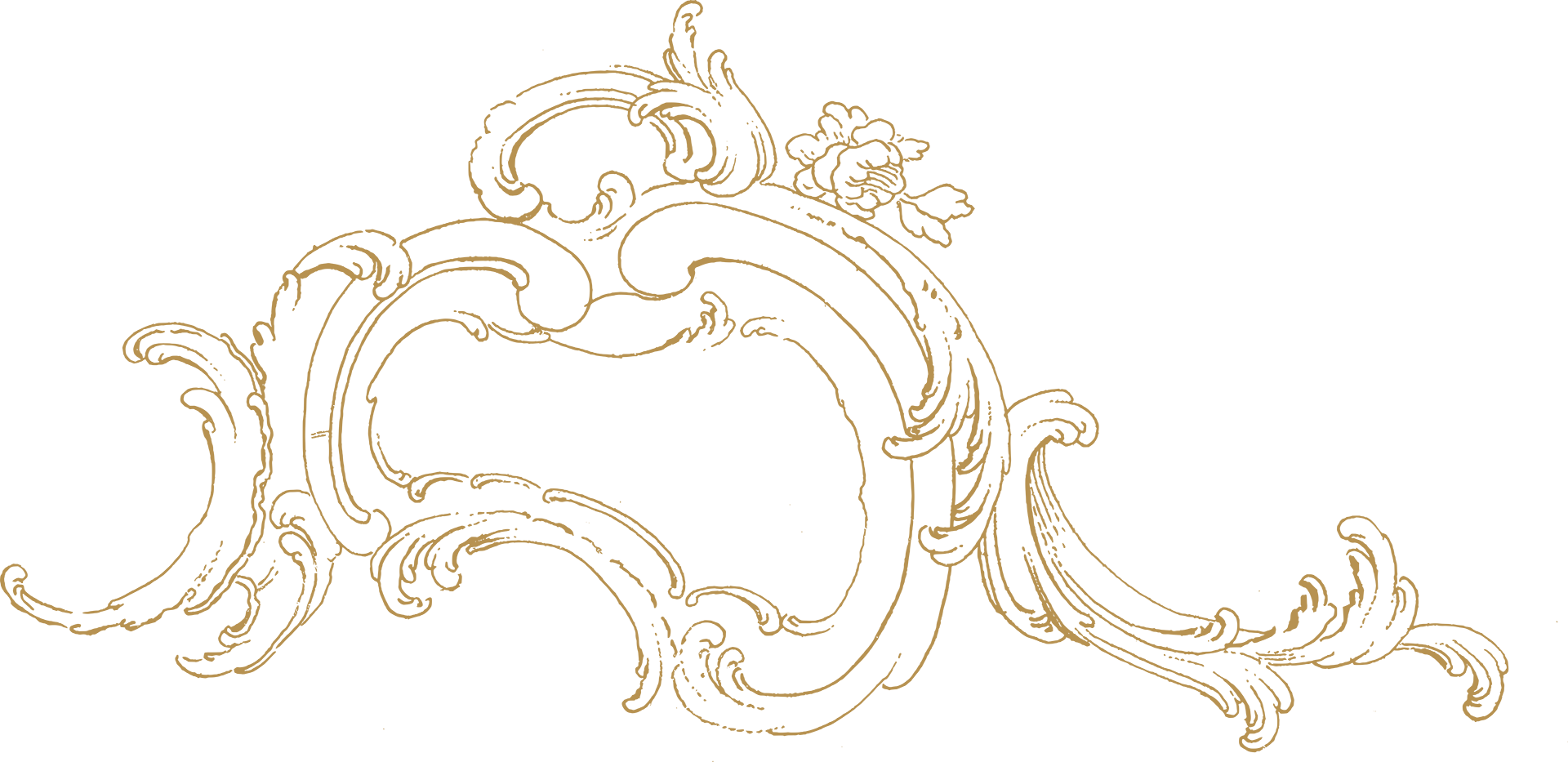 Gold ornate decorative design on black background, featuring swirling patterns and a floral motif.