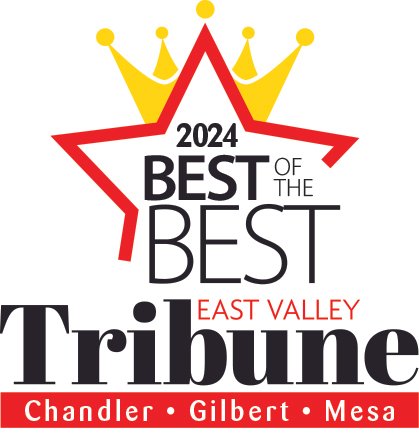 Logo for the 2024 Best of the Best East Valley Tribune awards, featuring a gold crown, a red outlined star, and text indicating Chandler, Gilbert, and Mesa.