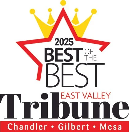 Logo for the 2025 Best of the Best East Valley Tribune, featuring a gold crown, a red star outline, and the names Chandler, Gilbert, and Mesa.