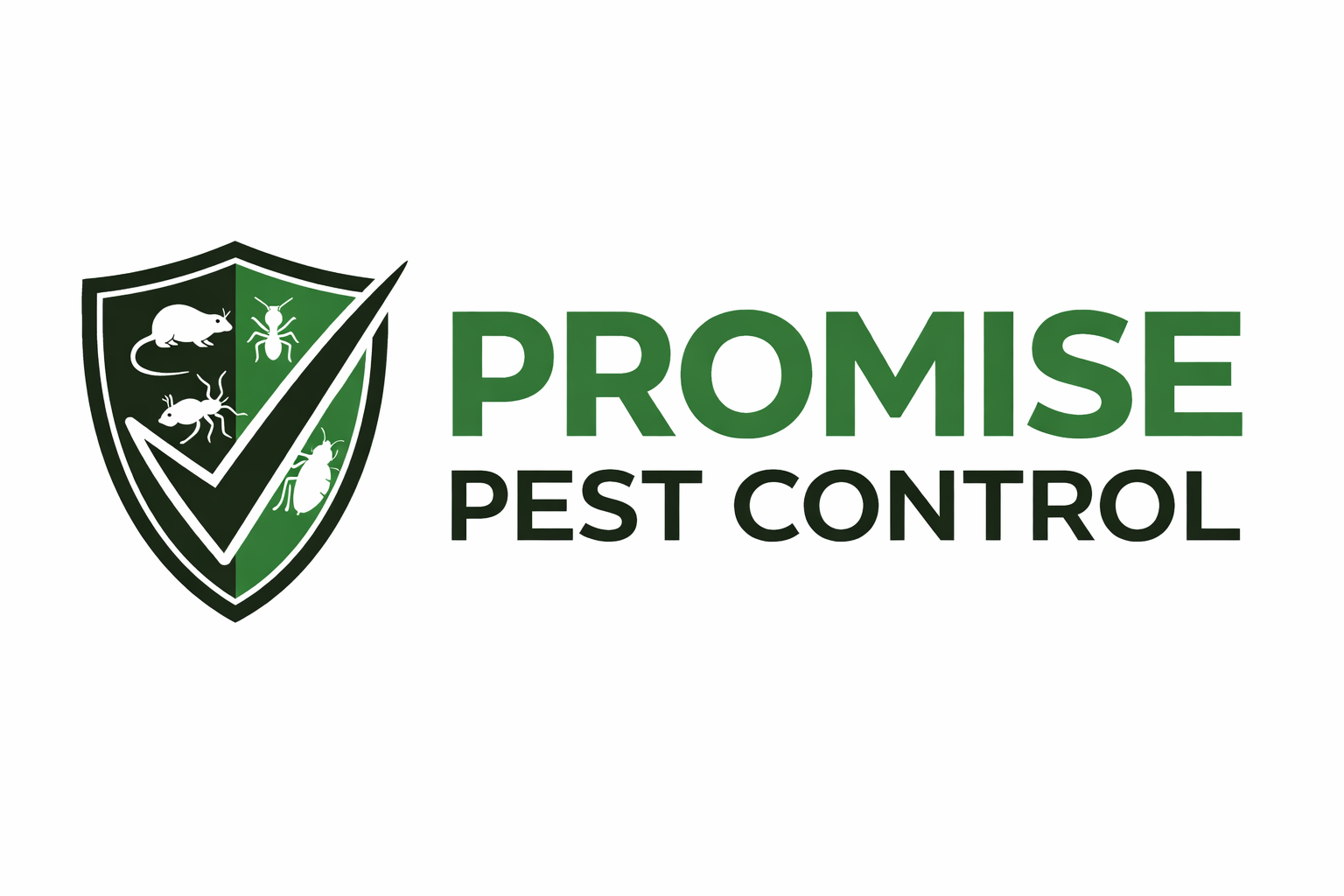 Logo for Promise Pest Control featuring a shield with illustrations of a mouse, an ant, a beetle, and a fly, with the company name in green and black text.