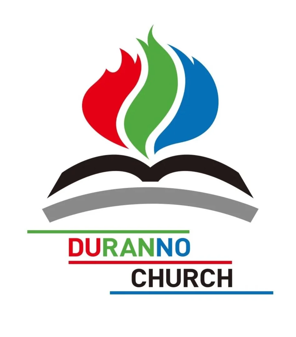 Logo of Duranno Church featuring an open book with colored flames above it and the church's name in red, green, black, and blue text.