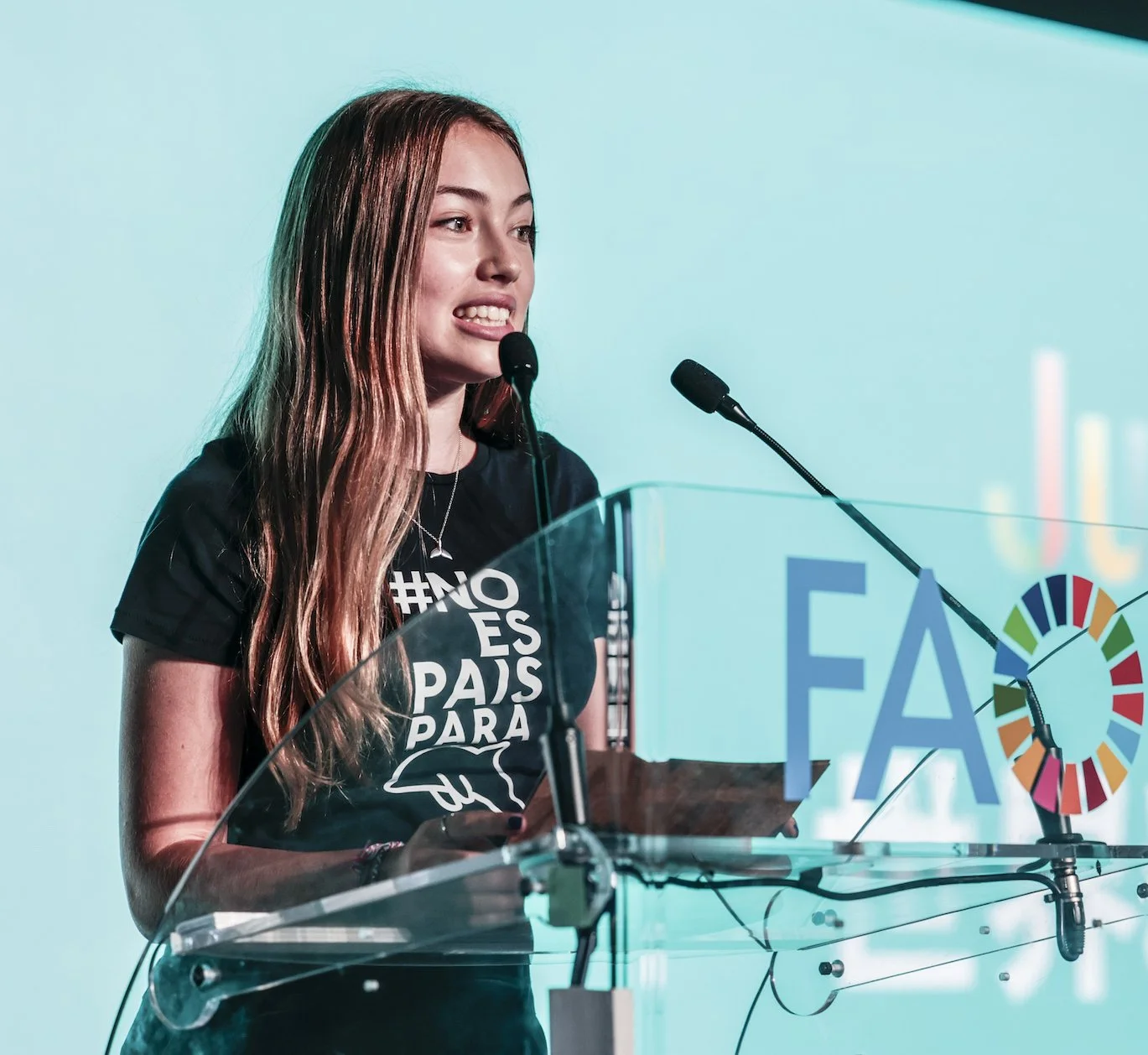 Environmental youth activist Olivia Mandle speaking at the UN FAO headquarters in Rome, Italy