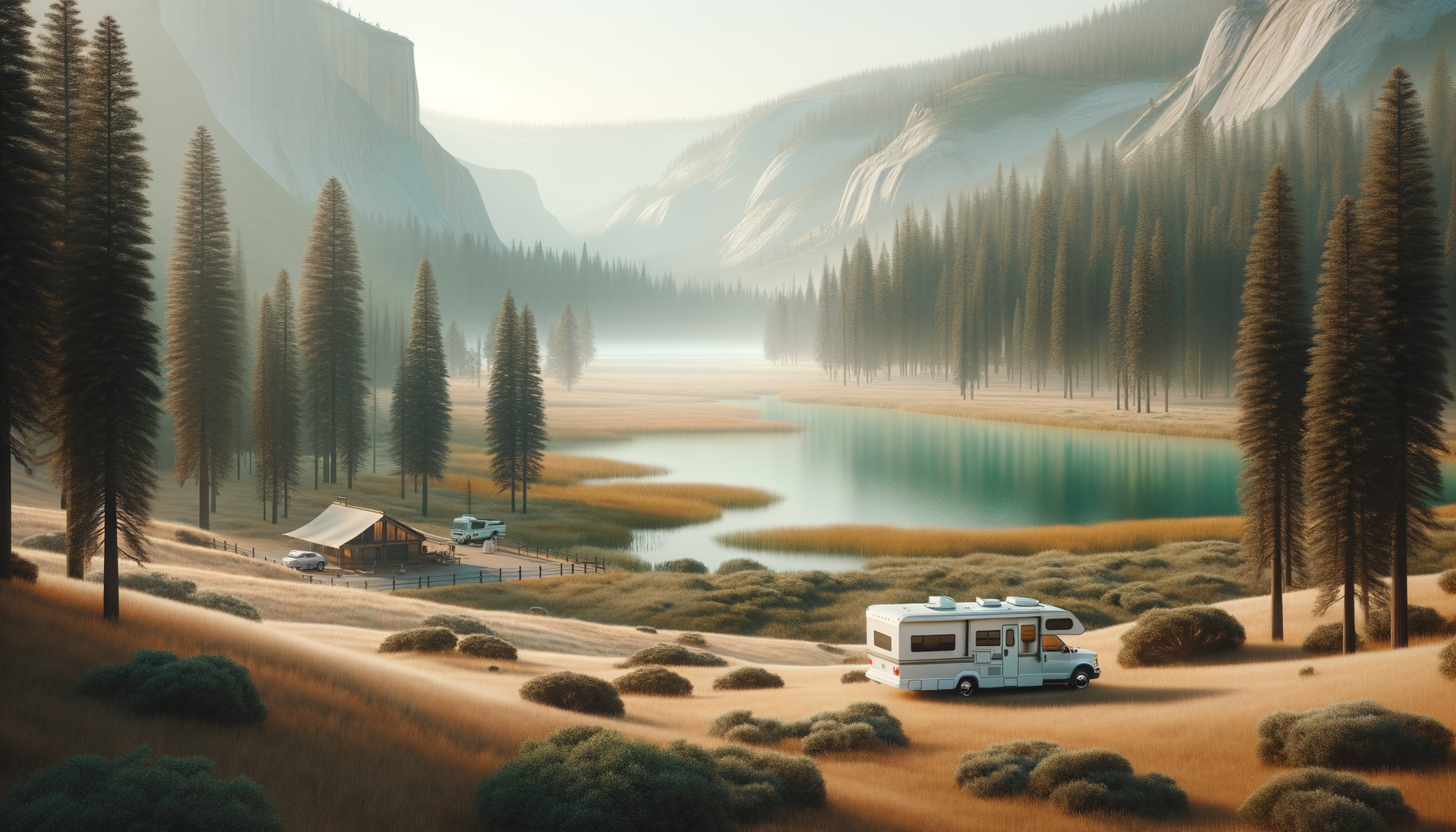 A serene mountain landscape with a lake, surrounded by tall pine trees and distant mountains, featuring a camper van and outdoor camping setup in the foreground.