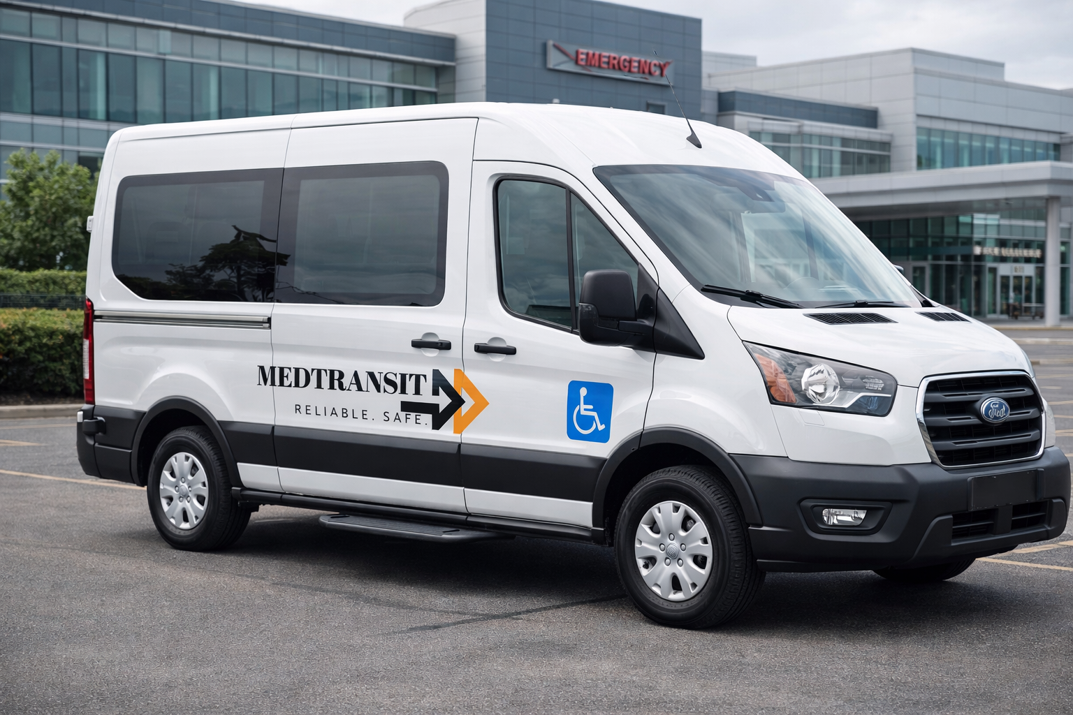 White MedTransIT service van with accessible parking symbol parked outside a hospital emergency room