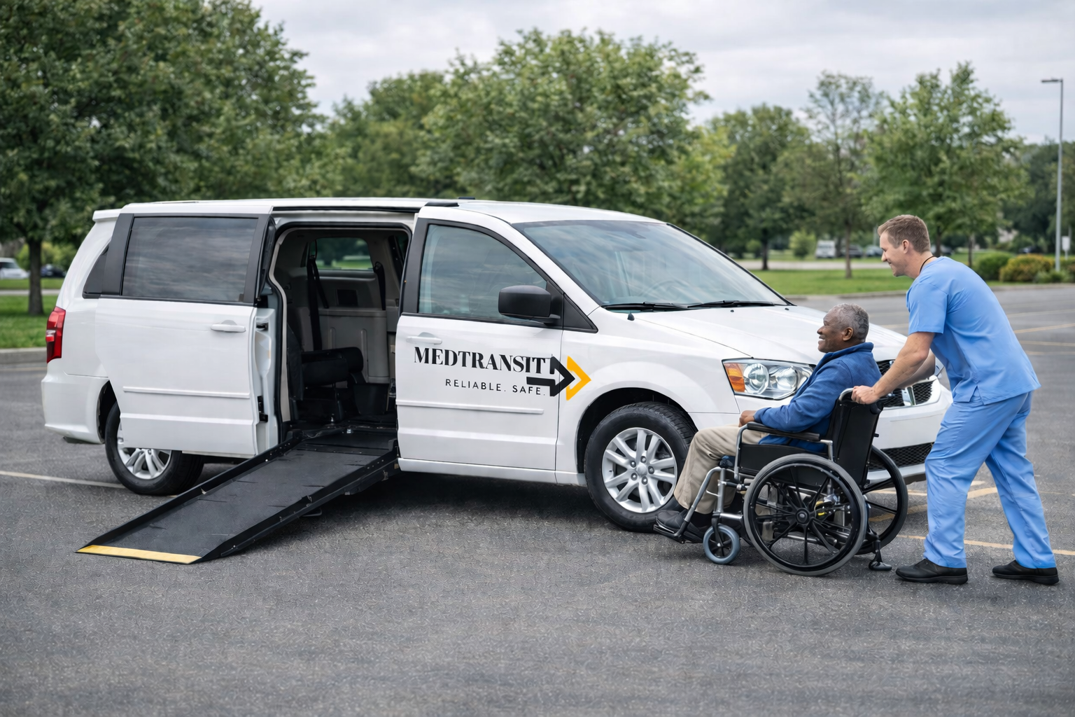 A healthcare professional assisting a man in a wheelchair to board a wheelchair-accessible transportation vehicle in a parking lot with green trees in the background.