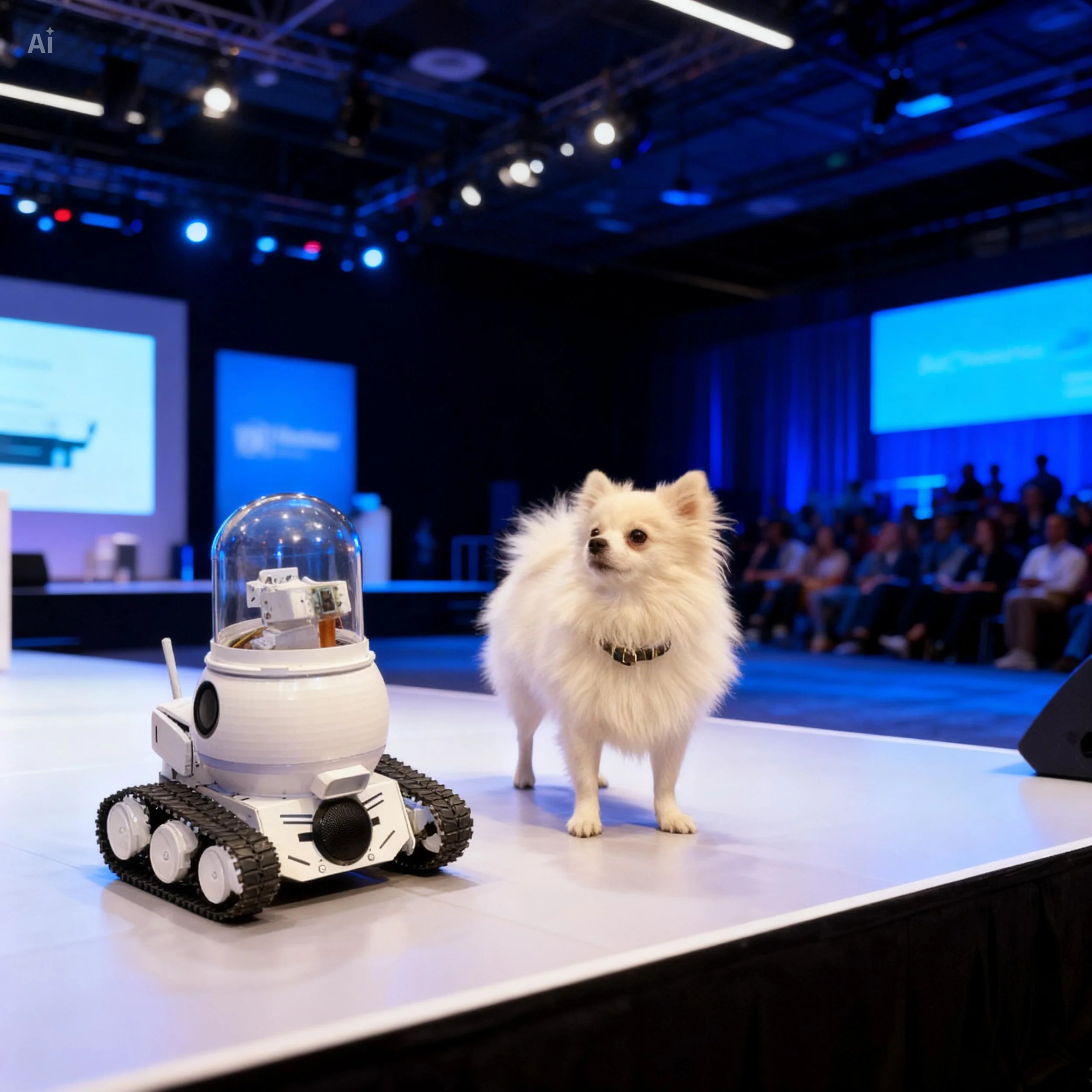 A small white dog standing on a stage next to a robotic device with tracks in a conference or presentation setting.
