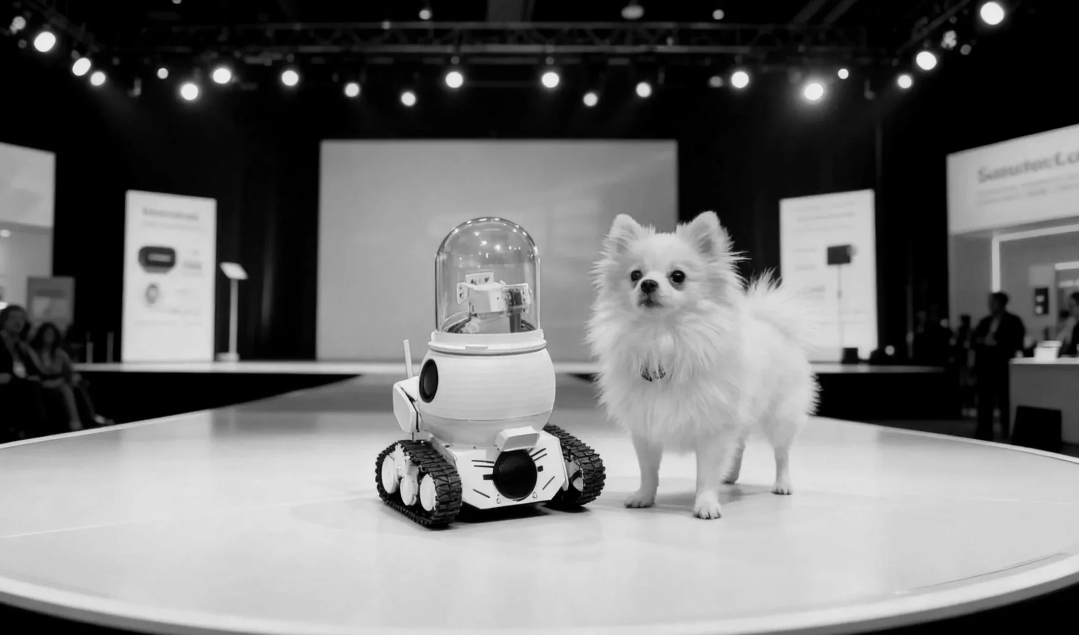 A small robotic machine with tank-like tracks and a glass dome on top, positioned next to a small fluffy dog, both on a stage with an audience and presentation screens in the background.