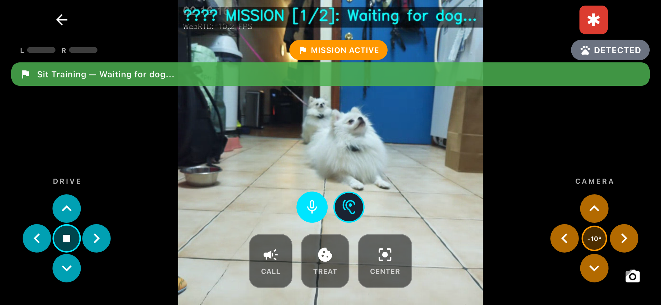 Indoor scene showing two small white dogs with fluffy fur sitting on a tiled floor, looking up. The background includes a blue door, a shelf, and various objects. The image is part of a robotic interface with controls for driving and camera movement, and labels indicating the current task is,"Waiting for dog..."