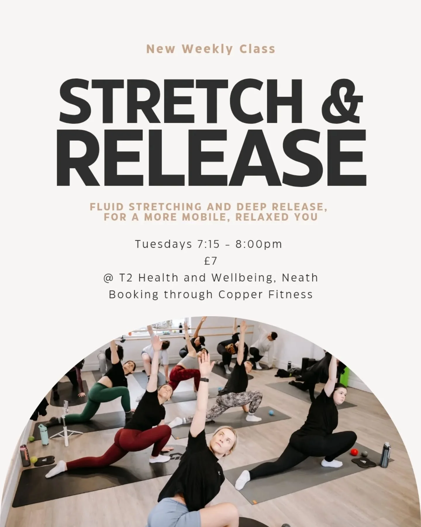 New weekly class
Booking goes live at 8:30am tomorrow
@copperfitness.swansea

Tuesdays 7:15-8:00pm 
Location: @t2hwb 
&pound;7 

Unwind and reset with this stretch &amp; release class designed to ease tension and improve mobility. Through a combinati