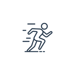 Icon of two simplified figures running, one slightly ahead of the other.