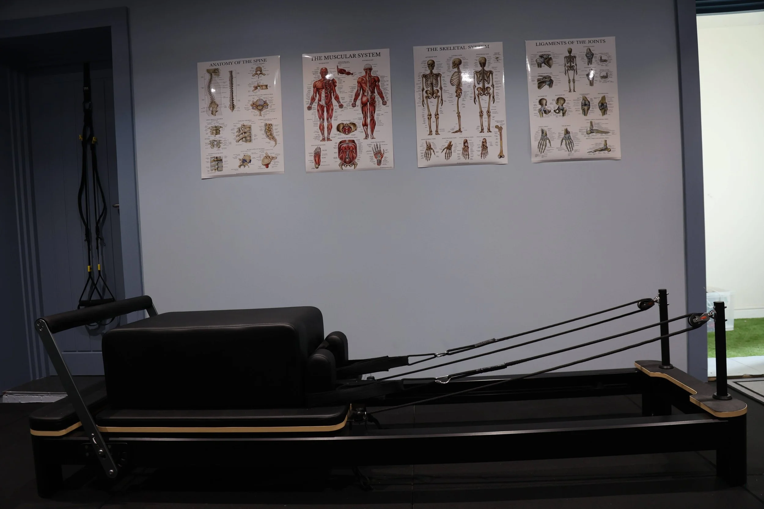Physical therapy or rehabilitation room with a Pilates reformer machine and anatomical posters of the human skeletal, muscular, and joint systems on the wall.