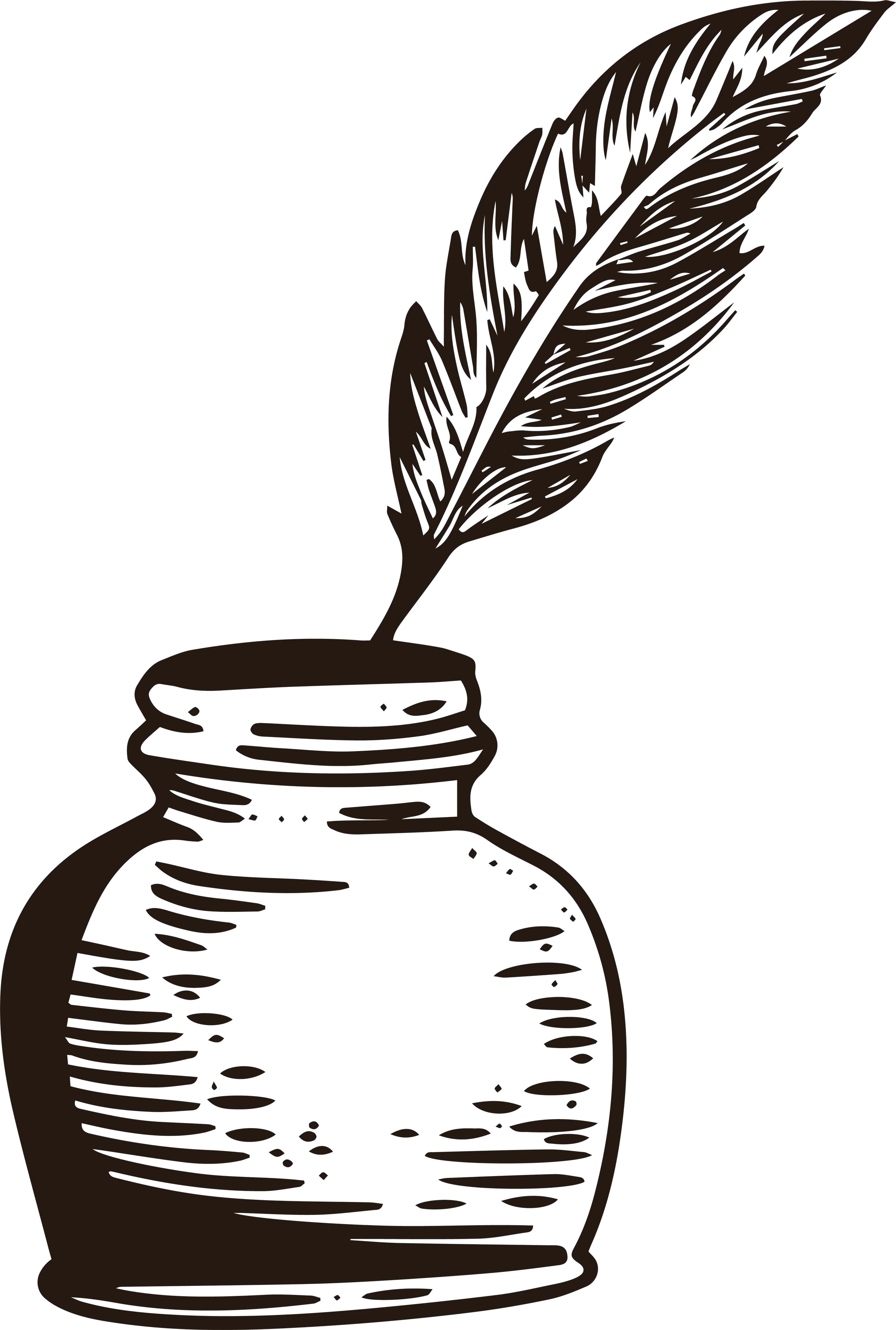 Illustration of a quill and ink jar.