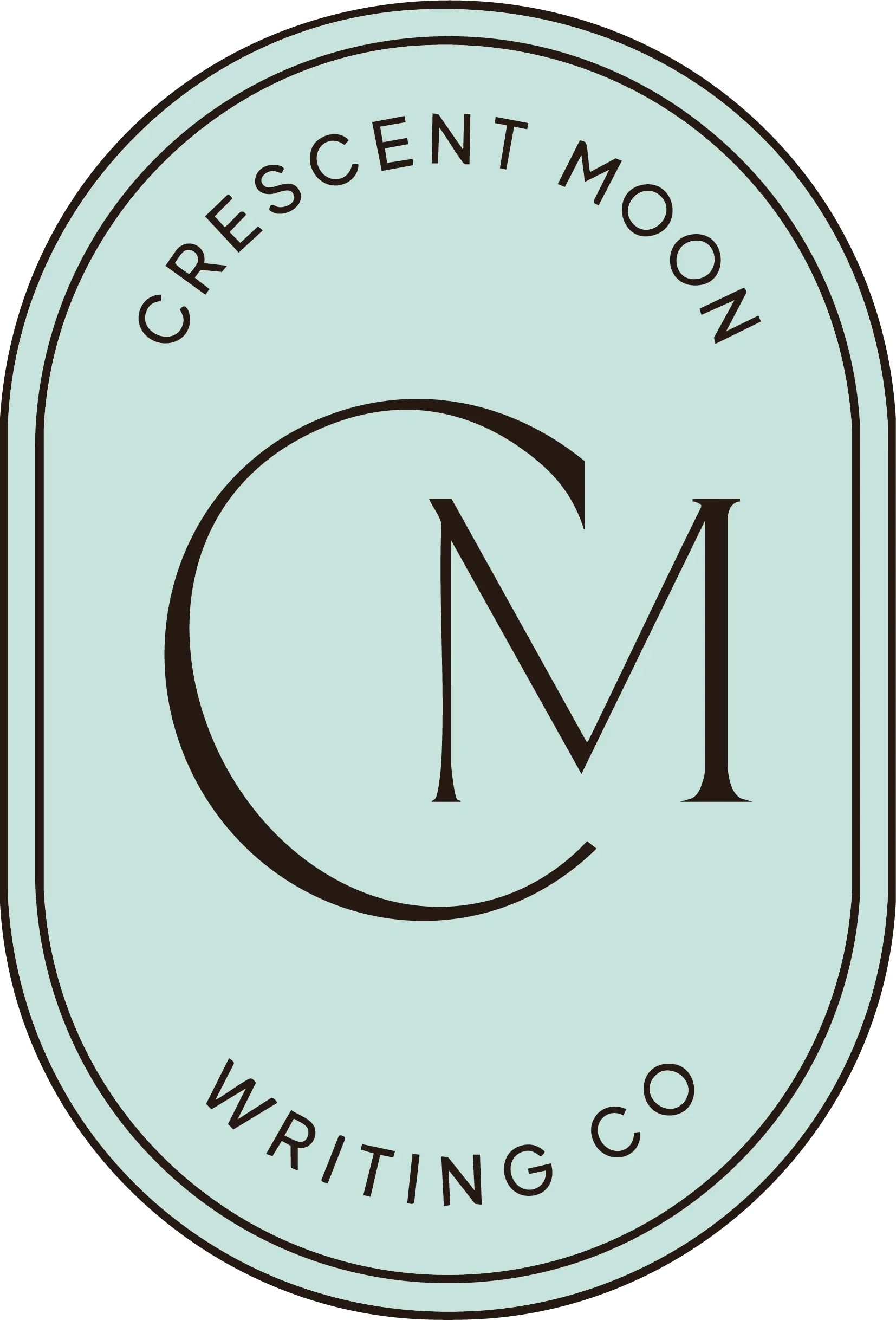 Close-up of a circular logo with the words 'Crescent Moon Writing Co.'