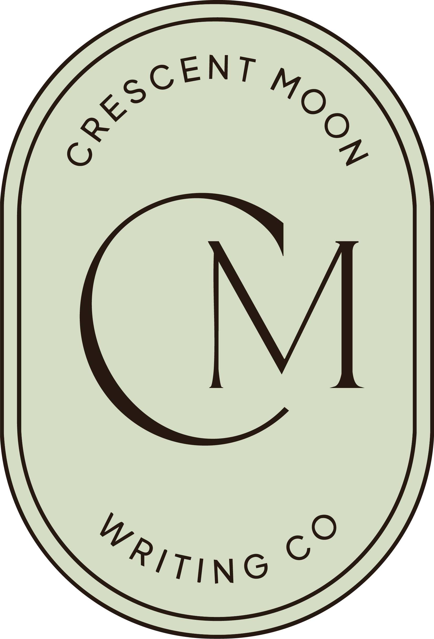 Close-up of a logo with the words 'Crescent Moon Writing Co.' arranged in an oval shape.