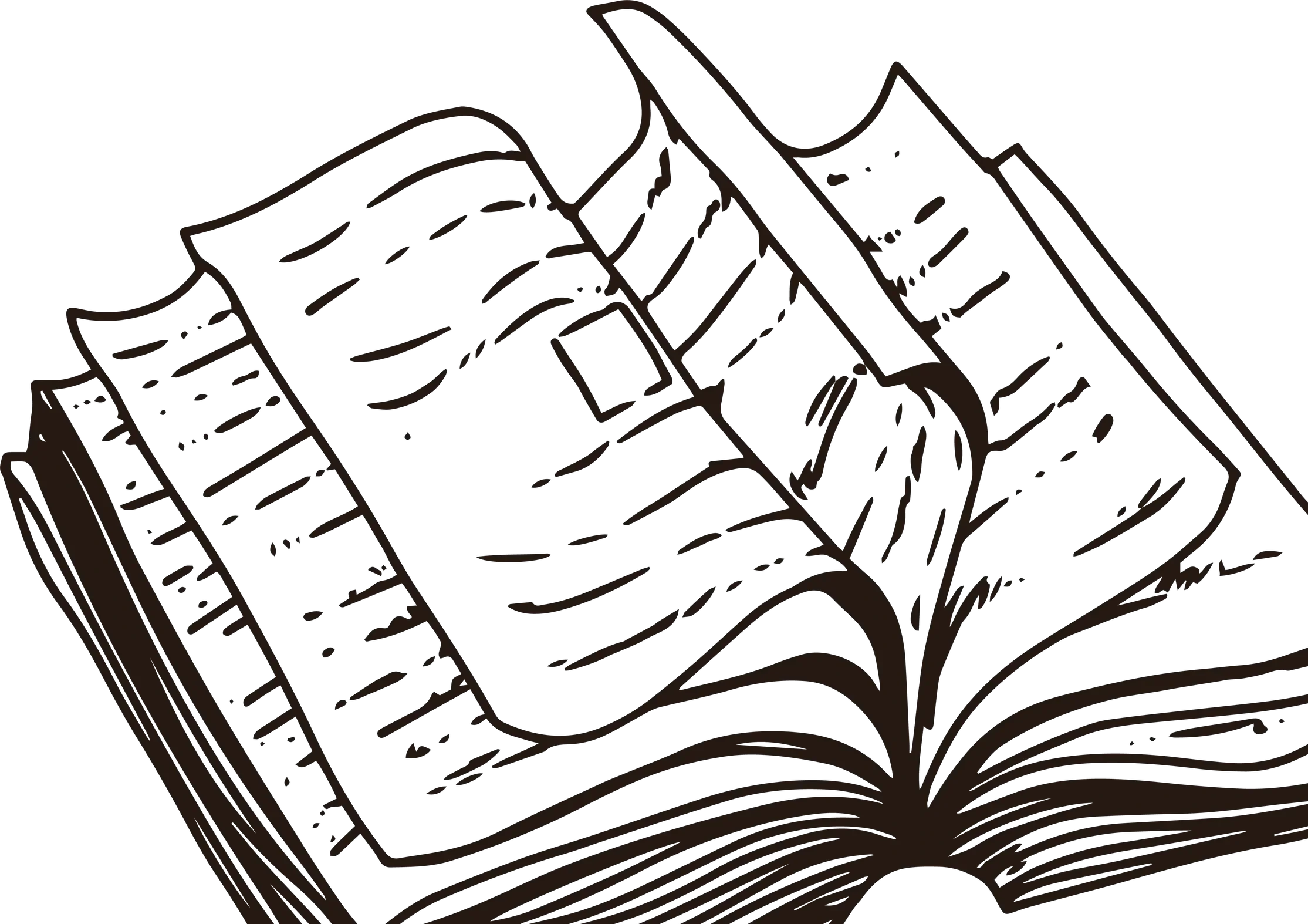 Black and white line drawing of an open book.